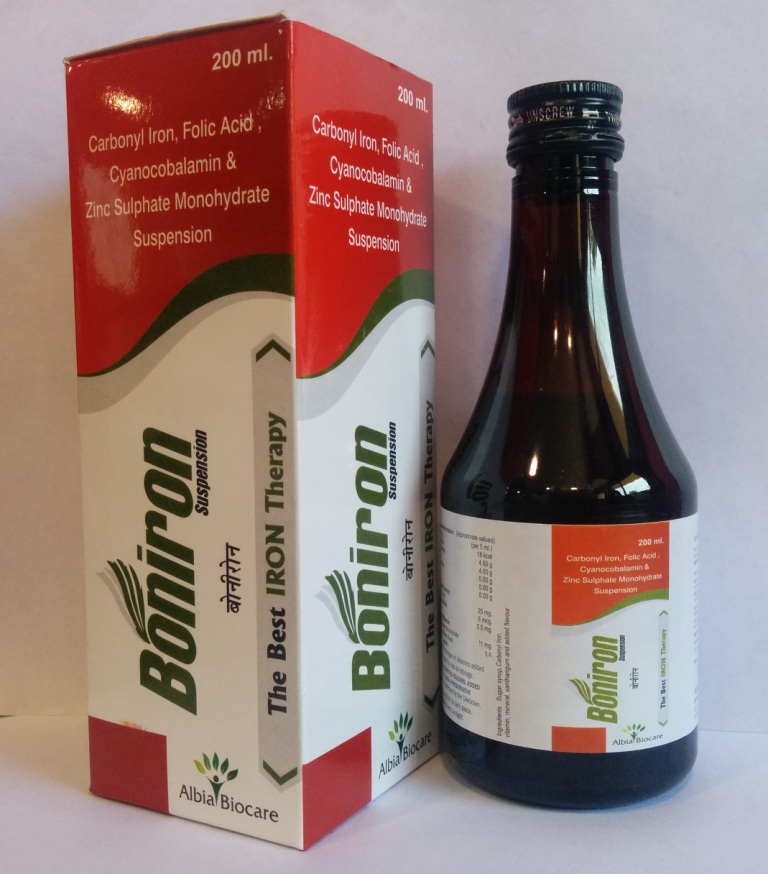 BONIRON SUSP. | Carbonyl Iron 25mg + Folic Acid 500mcg + Vitamin B12 6mcg + Zinc 11mg (per 5 ml)